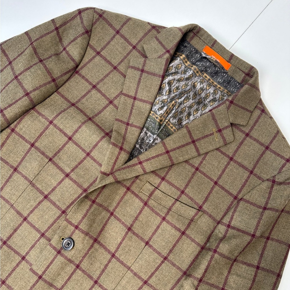 Tallia Rothmans New York Mens 40R Wool Blazer Olive Green Burgundy Plaid Jacket